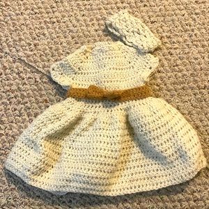 Handmade, crochet, newborn/babydoll fit & flare dress with waist bow & headband